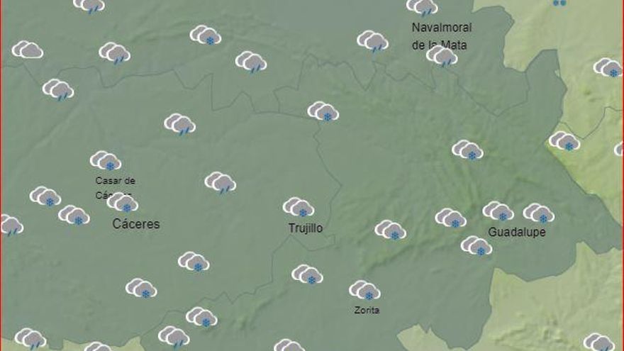 Situación el sábado a las doce del mediodía con el este y centro de la provincia de Cáceres en nieve