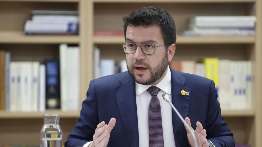 El presidente de la Generalitat, Pere Aragonès, interviene en la reunión con la delegación de europarlamentarios, que investiga el uso del sistema Pegasus para espiar al independentismo catalán, celebrada este martes en Madrid.