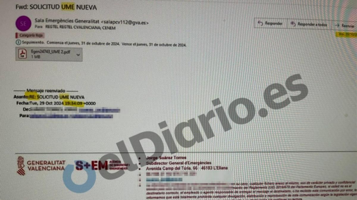 Secuencia de correos electrónicos de la segunda solicitud de activación de la UME el pasado 29 de octubre.