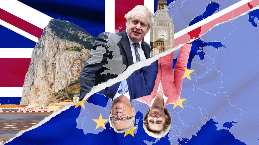El Peñón de Gibraltar tras el Primer ministro británico Boris Johnson y, bajo este, el expresidente de la Comisión Europea Jean-Claude Juncker y la actual presidenta Ursula von der Leyen