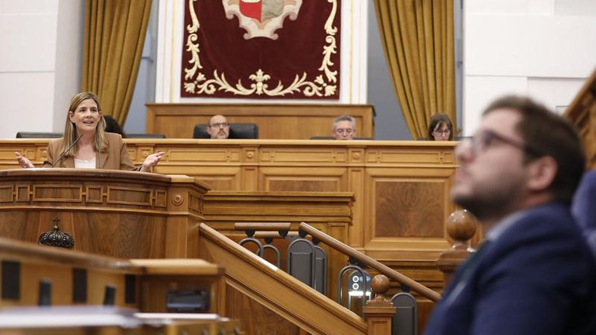 La diputada del PP Carolina Agudo se dirige al consejero de Fomento Nacho Hernando en las Cortes de Castilla-La Mancha