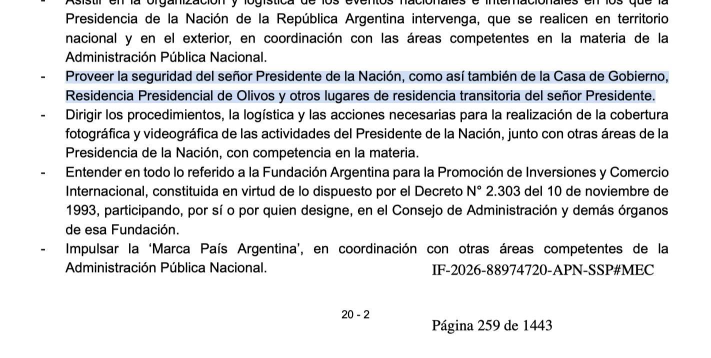 Funciones de la Secretaría General de la Presidencia, a cargo de Karina Milei, según el Presupuesto 2027.