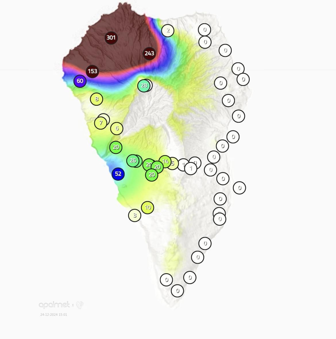 Mapa de Apalmet de la lluvia caída, este martes,  hasta las 15.00 horas, en diferentes puntos de La Palma