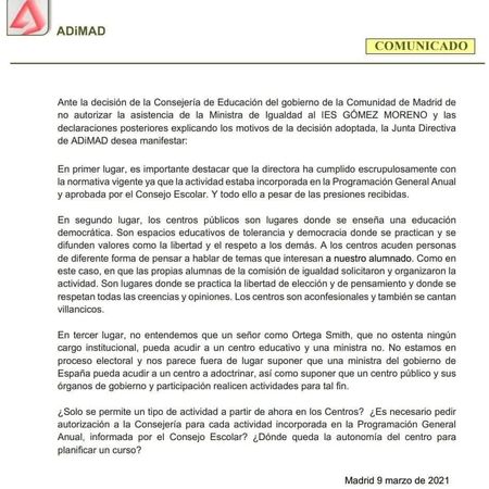 Carta de los directores de los institutos públicos tras el veto a Irene Montero por parte del Gobierno de Ayuso.