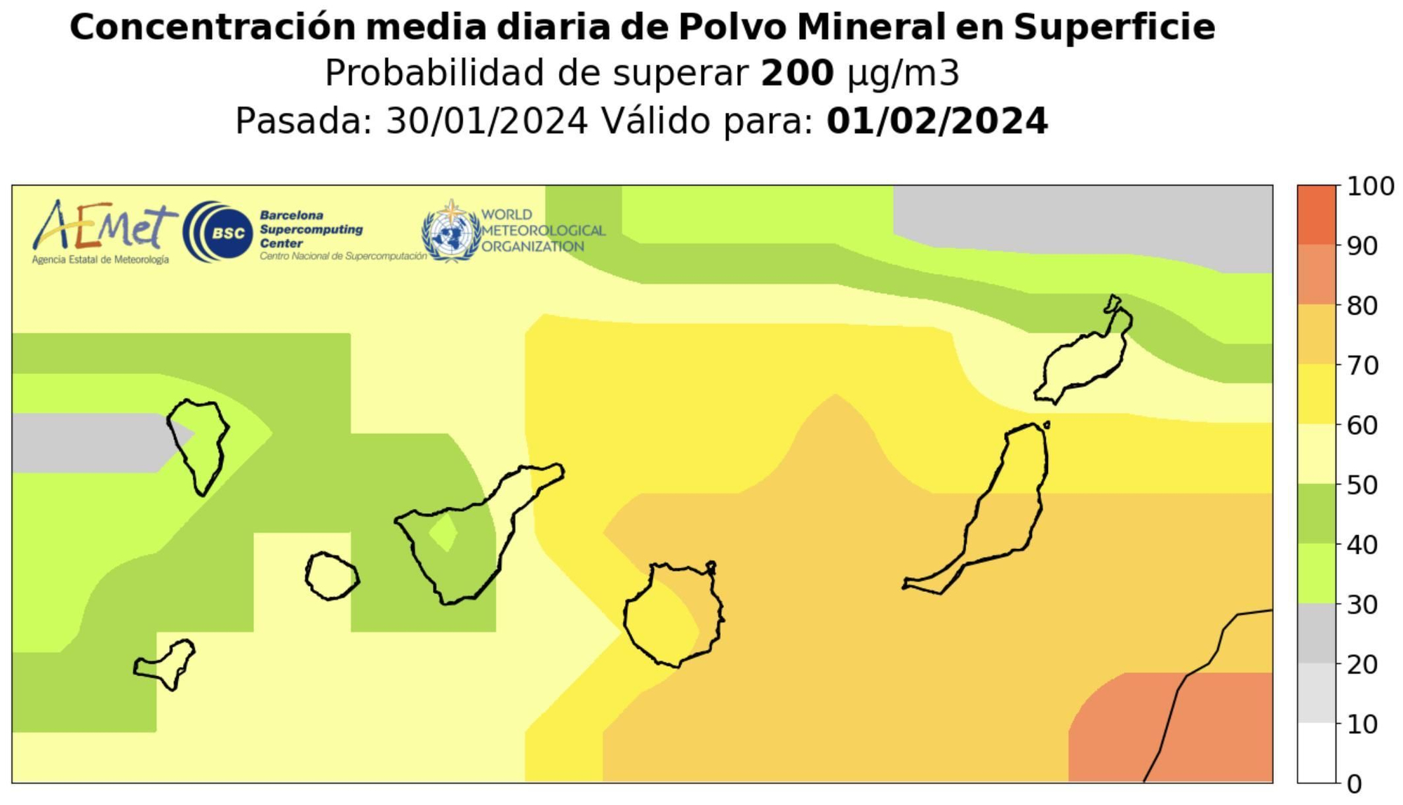 Mapa de probabilidad de superar las concentraciones de 200 μg/m3 de polvo este jueves.