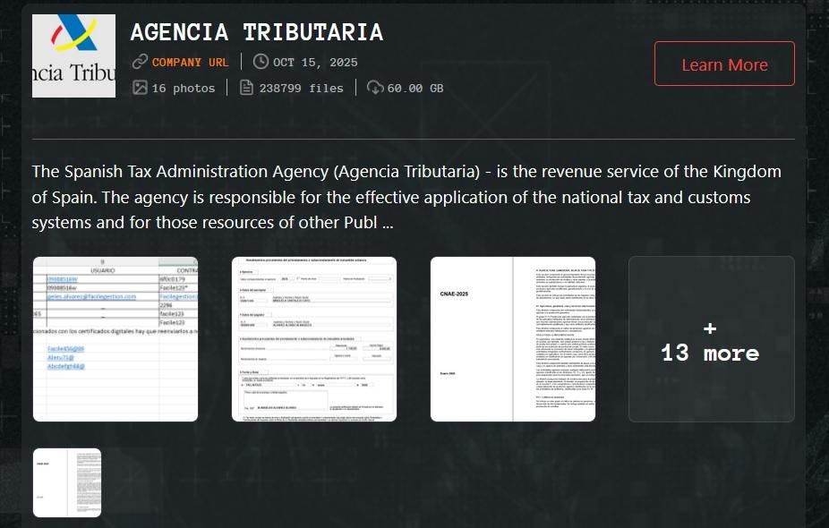 Publicación de Qilin en su portal de la 'dark web' en la que asegura haber atacado a la Agencia Tributaria