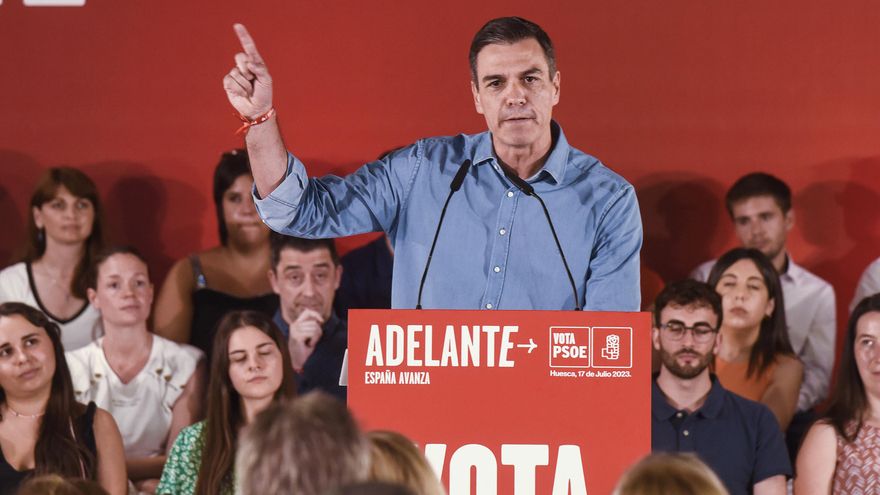 El presidente del Gobierno y candidato a la reelección por el PSOE, Pedro Sánchez (c), participa en un acto de campaña con motivo de las elecciones generales este lunes, en Huesca (Aragón). EFE/ Javier Blasco