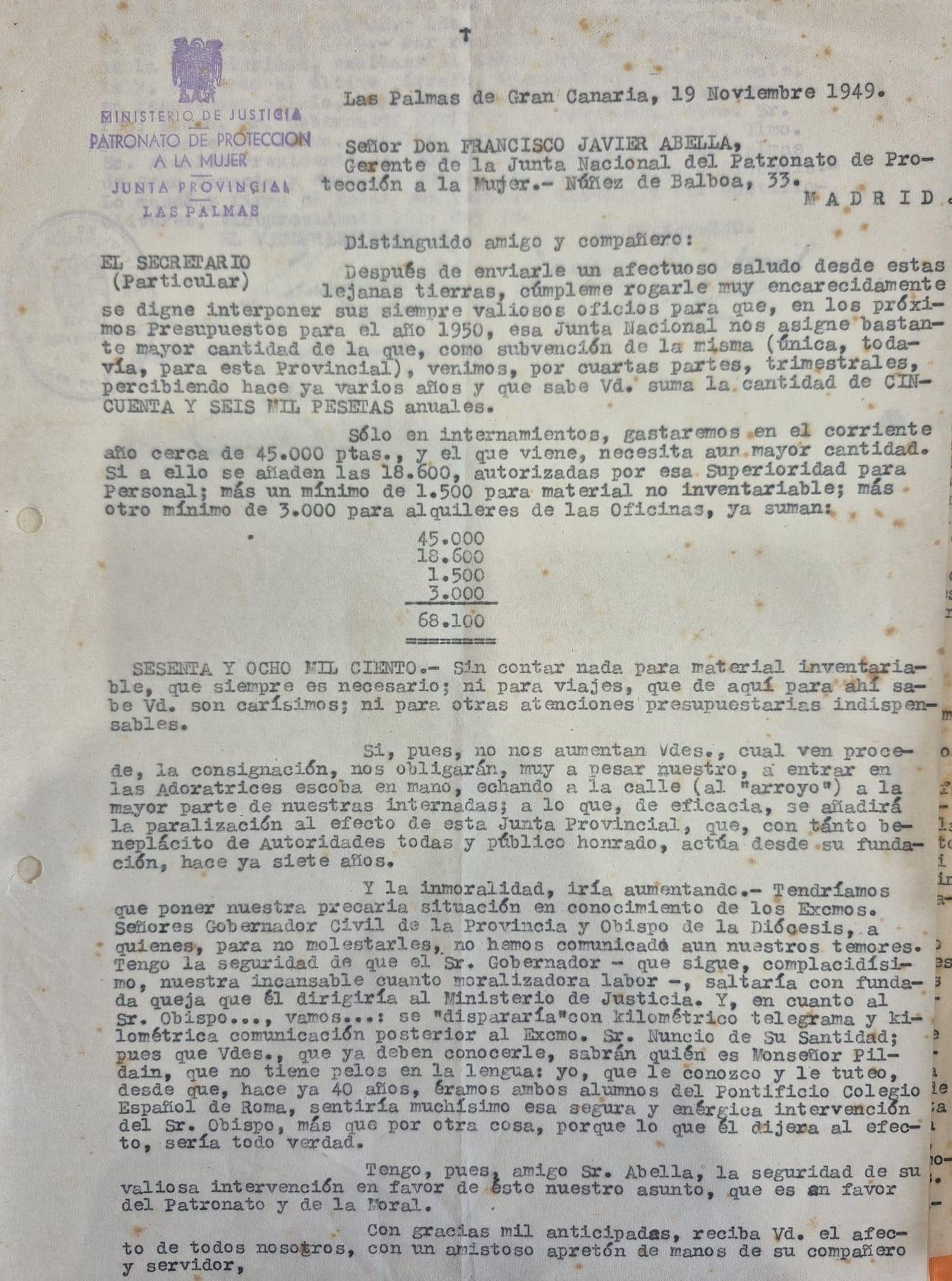 Carta del Patronato de Protección a la Mujer de la Junta Provincial de Las Palmas