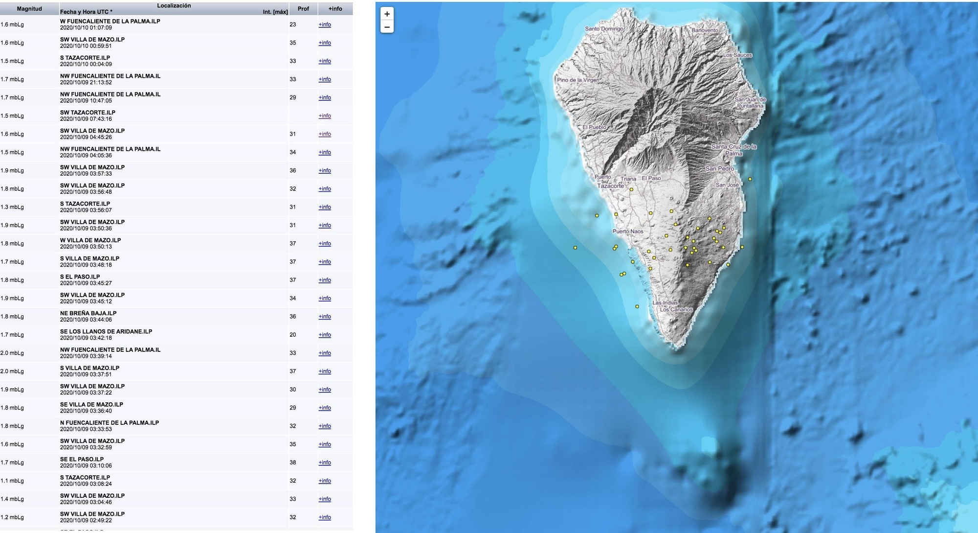 Relación de los terremotos  localizados por el IGN en las últimas horas y mapa donde se indica en punto en el que han sido detectado.