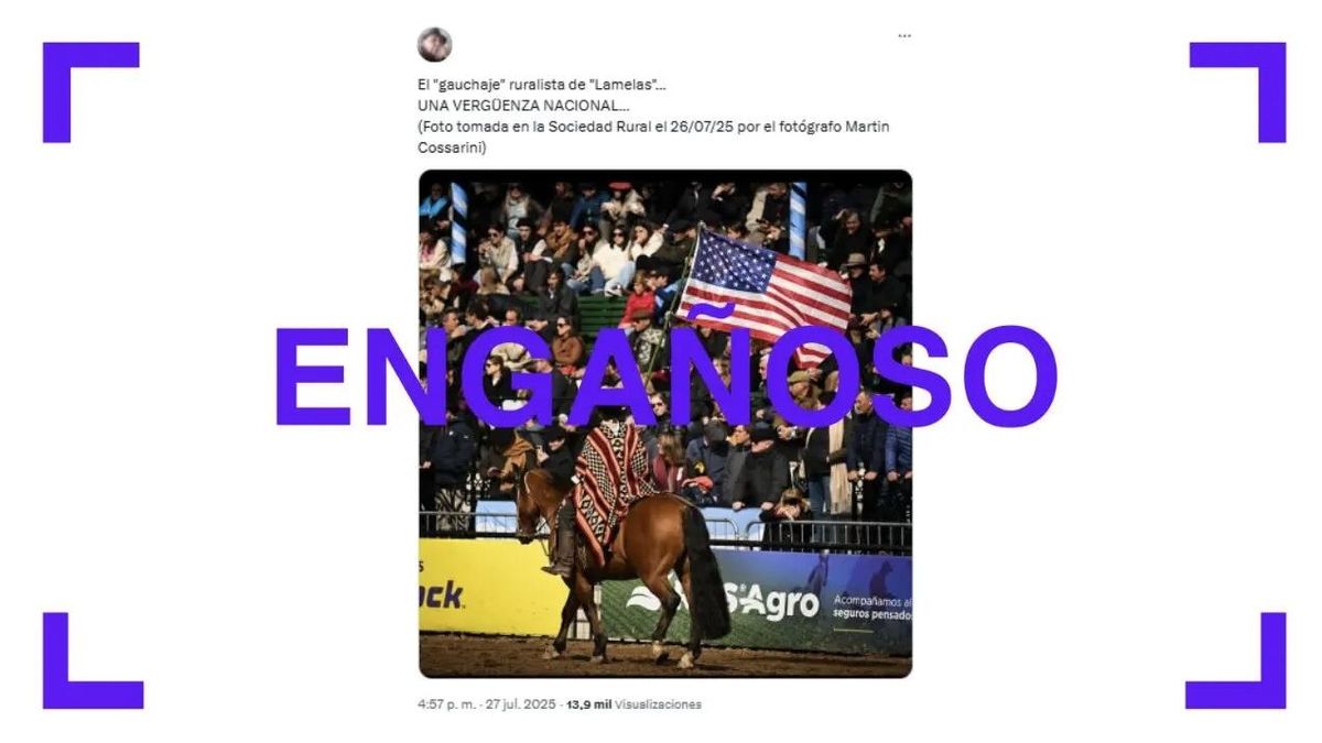 Es cierto que un gaucho desfiló con una bandera de EE.UU. en La Rural, pero también se mostraron las de otros países