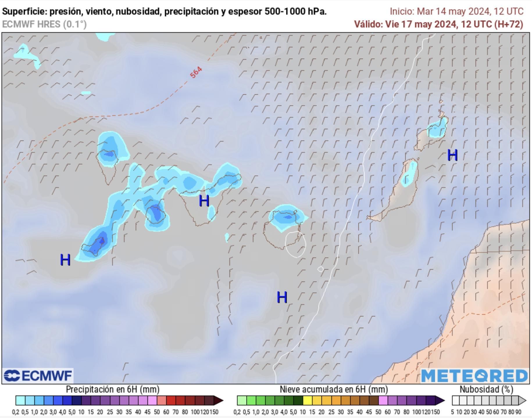 Acumulados de lluvia para este viernes en Canarias, según el modelo europeo.