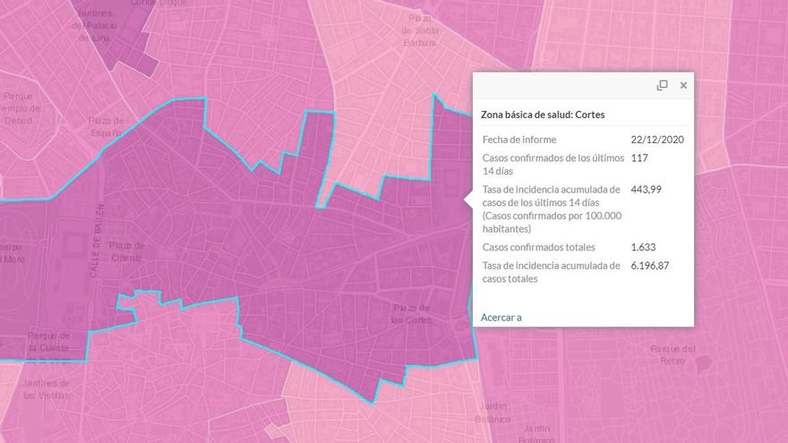 Mapa de la zona básica de salud de Cortes y tasa de contagios a 22 de diciembre