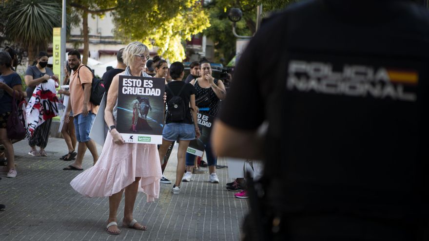 Una manifestante porta un cartel en el que puede leerse "Esto es crueldad" con una imagen de un matador y un toro.