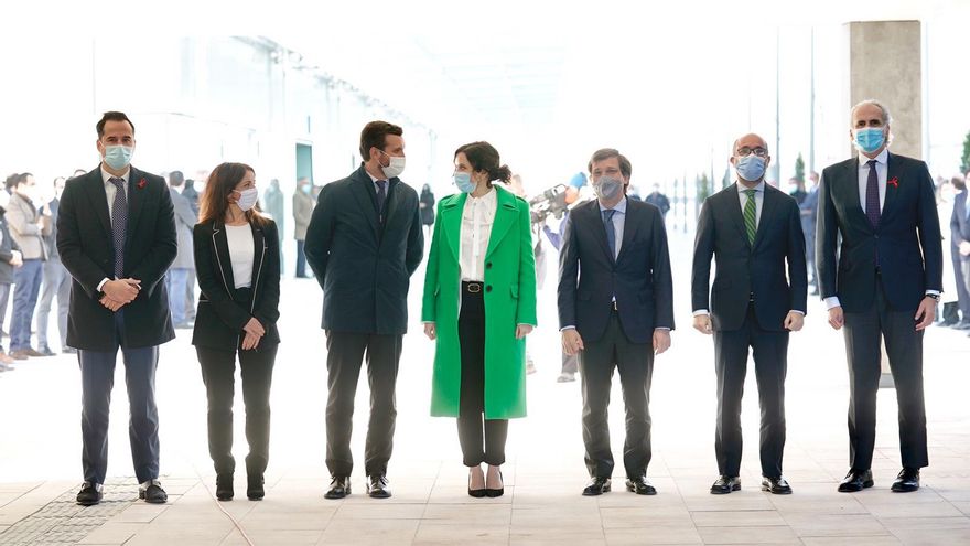 Pablo Casado, Isabel Díaz Ayuso, José Luis Martínez Almeida e Ignacio Aguado en la inauguración del hospital Isabel Zendal.