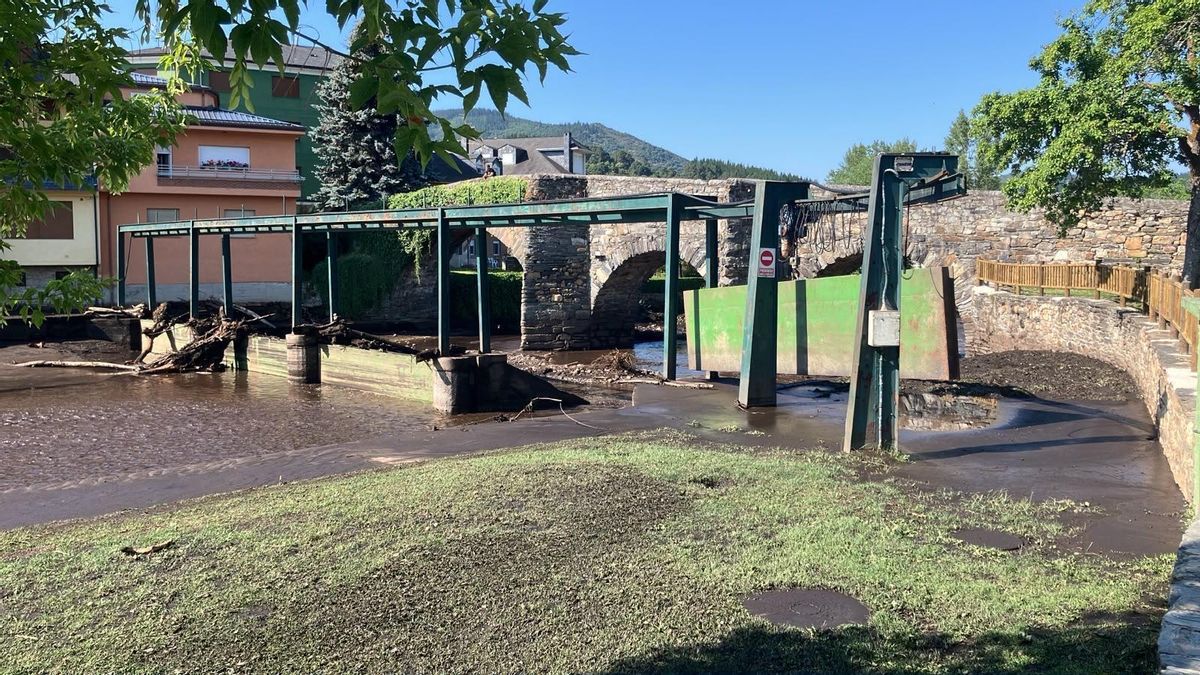 La madera y todos los arrastres de los incendios en la playa fluvial de Vega de Espinareda tras la tormenta.