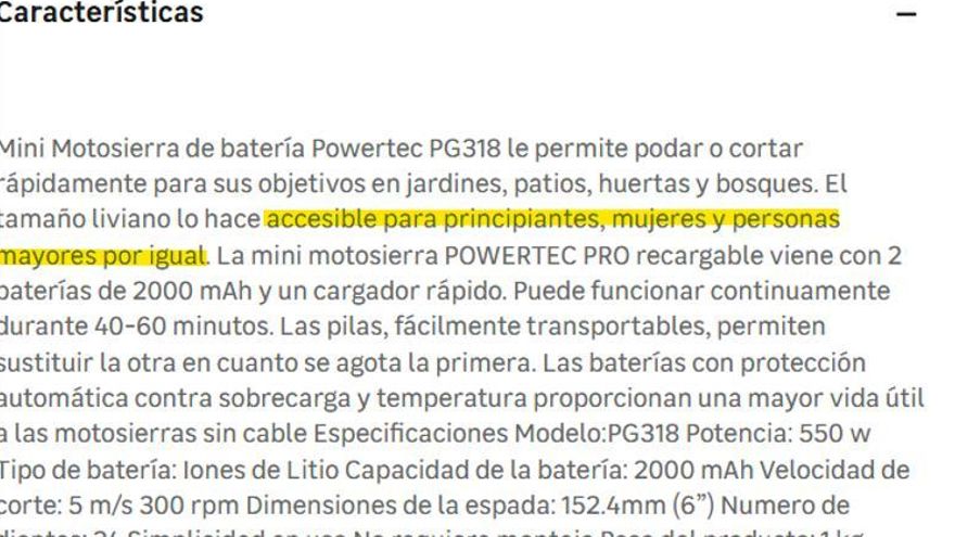 Características de la minimotosierra anunciada en Leroy Merlín.