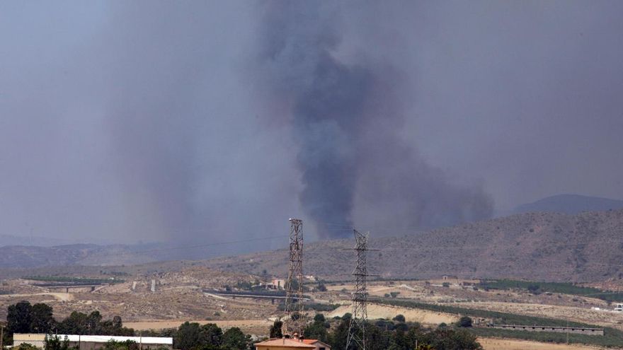 El humo del incendio de Los Gallardos (Almería) es visible desde el puesto de mando del fuego instalado en el parque de bomberos de la localidad almeriense de Turre.
