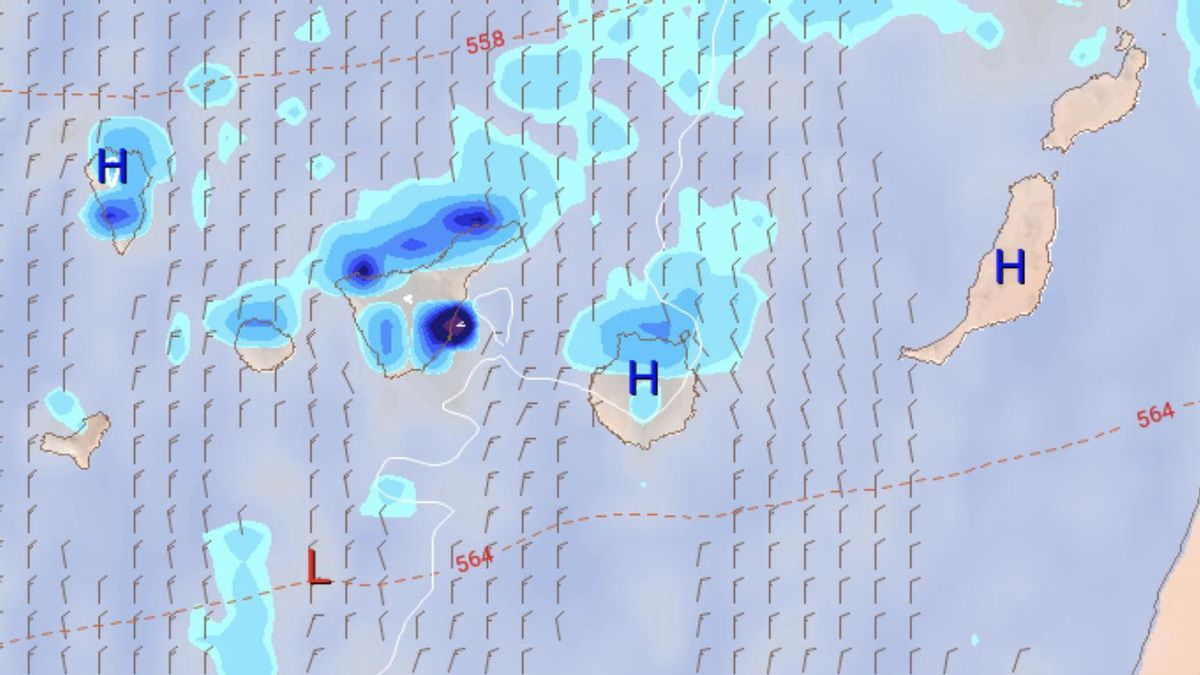 Mapa de previsión de lluvias en Canarias este martes, según el modelo europeo.