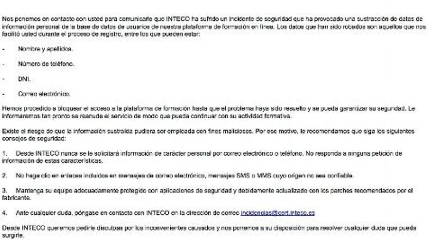 Comunicado enviado por el Inteco a los afectados por el robo de datos.