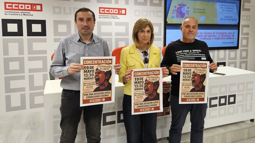 César Pérez, responsable de Inmigración de FSC en el Ministerio de Política Territorial; Carmen Juste, secretaria general regional de la Federación de Servicios a la Ciudadanía; y Enrique Clavero, secretario general provincial.