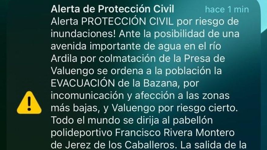 ES-Alert enviado a los vecinos de La Bazana y Valuengo.