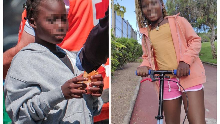 Masse, a su llegada a Gran Canaria en patera (izquierda) y en una fotografía actual con su familia de acogida (derecha).