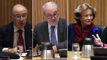 Rodrigo Rato, Pedro Solbes y Elena Salgado, en sus comparencias esta semana en el Congreso.