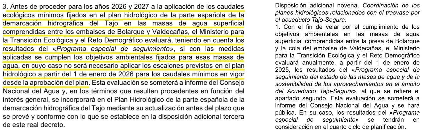 A la izquierda, la redacción de la disposición adicional acordada en el Consejo Nacional del Agua y a la derecha, la modificada y remitida al Consejo de Estado.