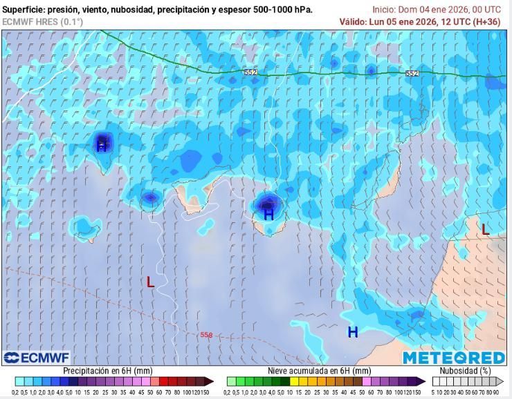 Mapa de precipitaciones esperadas en Canarias este lunes 5 de enero, a las 12:00 horas, según el modelo europeo.