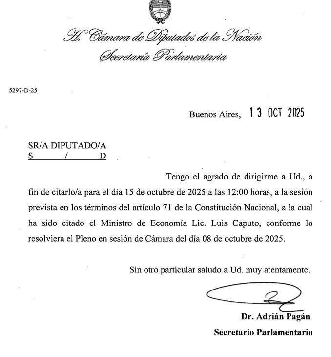 El llamado a los diputados para la sesión de este miércoles donde se citó a Luis Caputo.
