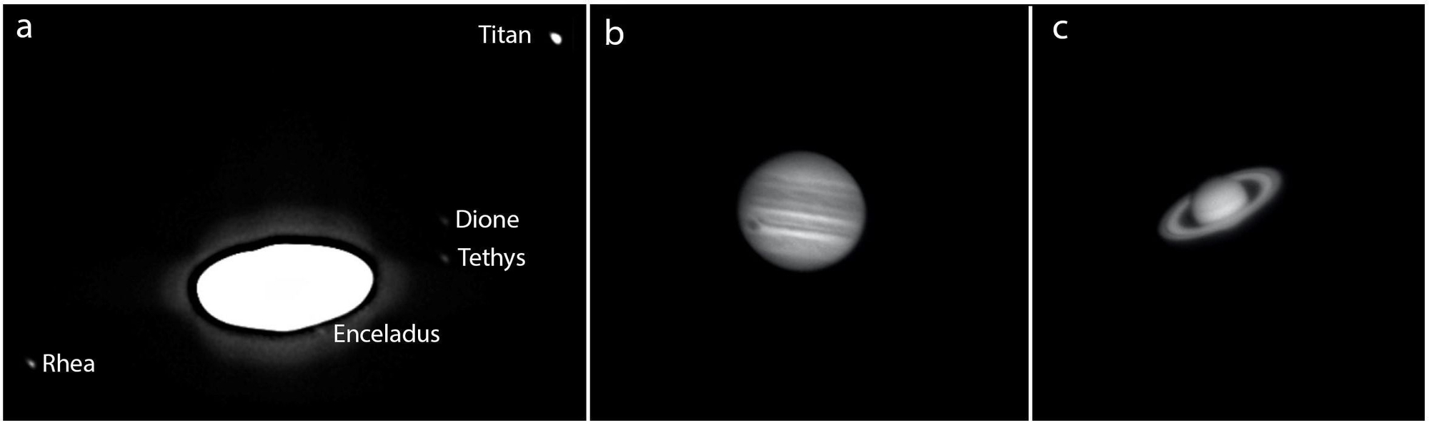 Detalle de la imagen de larga exposición (a) donde se ha ajustado la intensidad y brillo de la imagen para mostrar el satélite Encélado. Mimas, en una órbita más cercana al planeta y situado en la parte posterior, no pudo ser detectado por la saturación de Saturno en la imagen. Las imágenes de Júpiter (b) y Saturno (c) fueron obtenidas en los filtros RGB para darles color. En particular, estas corresponden con los filtros B (azul) y R (rojo) respectivamente