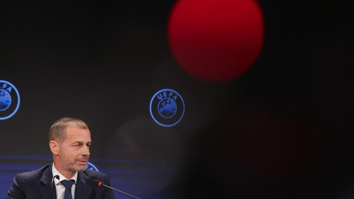 El presidente de la UEFA, Aleksander Ceferin, durante una rueda de prensa en el 49 Congreso Ordinario de la UEFA en Belgrado (Serbia) en abril de 2025.