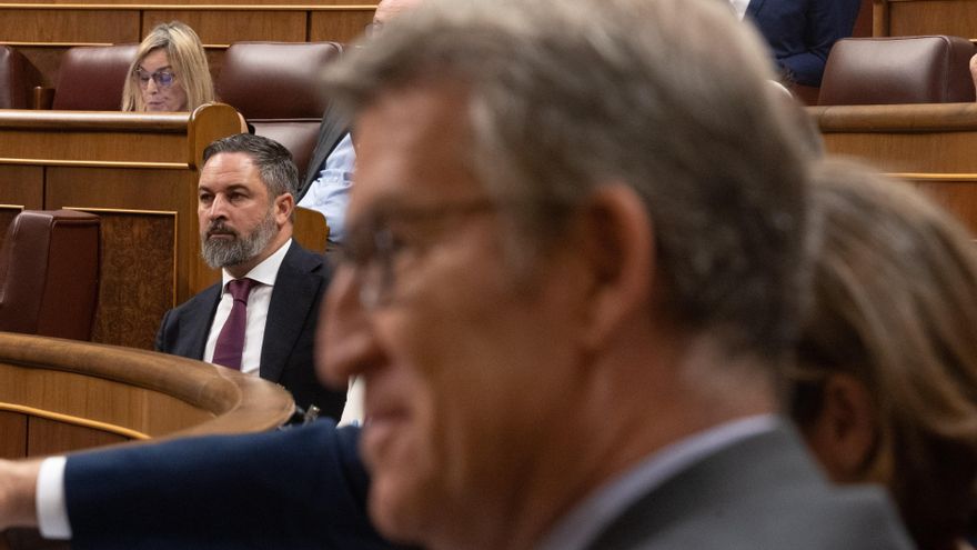 Archivo - El líder de VOX, Santiago Abascal (i), durante una sesión plenaria en el Congreso de los Diputados, a 4 de julio de 2024, en Madrid (España).