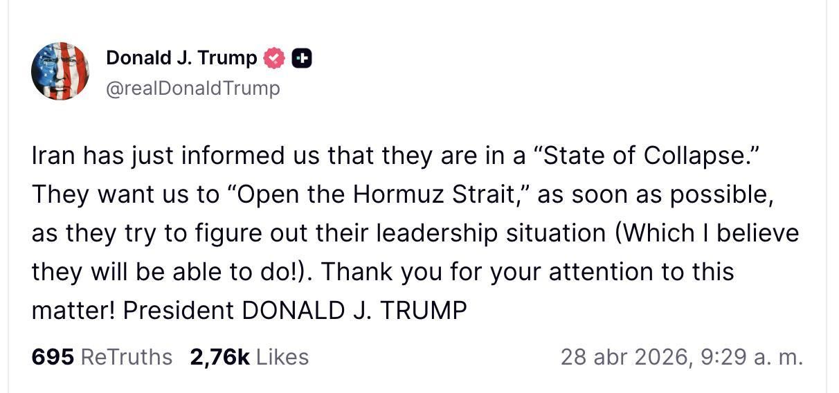 Truth Social de Trump sobre Irán.