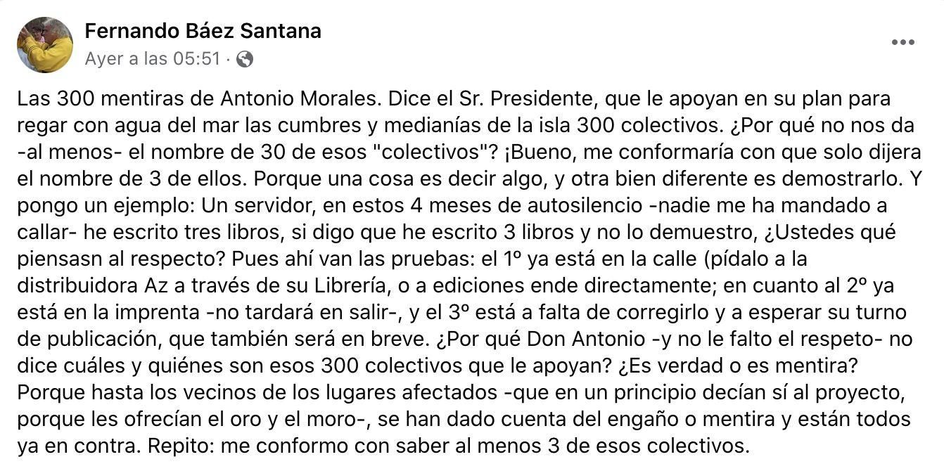 Otro de los mensajes publicados este lunes por el padre Báez en Facebook.