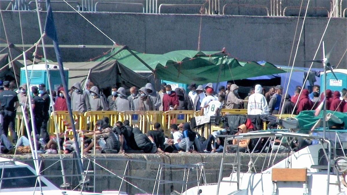 Campamento de emergencia de inmigrantes en el Muelle de Arguineguín el pasado 9 de noviembre