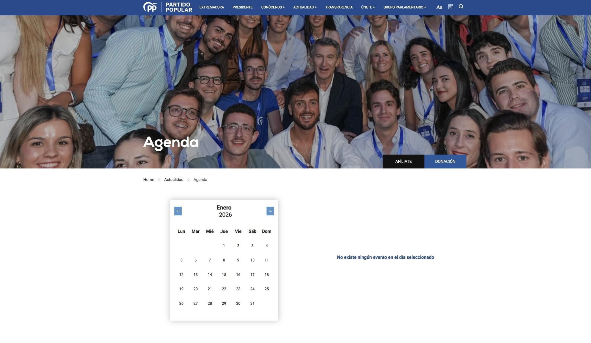 Agenda de la página web del PP para el próximo 9 de enero.