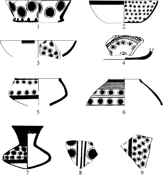 Flores dibujadas esquemáticamente con un centro redondo oscuro y resaltado, rodeado por un círculo de puntos.