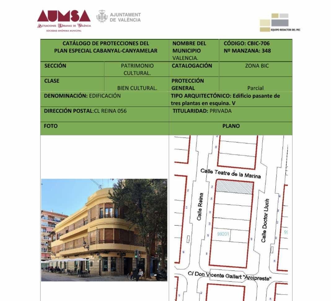 Ficha del edificio en la que se aprecia que cuenta con protección parcial y está en zona BIC.