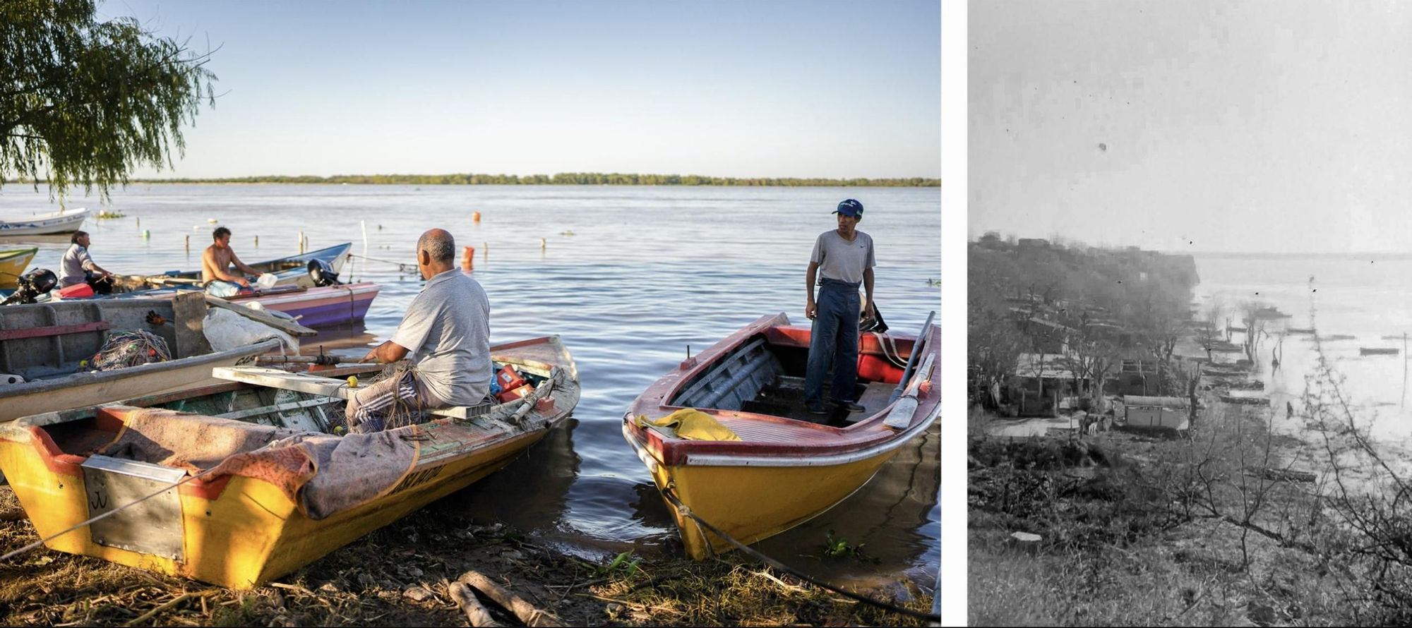 Izquierda: Pescadores en la orilla del Remanso Valerio, donde muchos vecinos dependen de la pesca artesanal para ganarse la vida | Derecha: Las primeras familias del Remanso Valerio se establecieron hace unos 80 años, atraídas por el acceso a la pesca y los terrenos disponibles