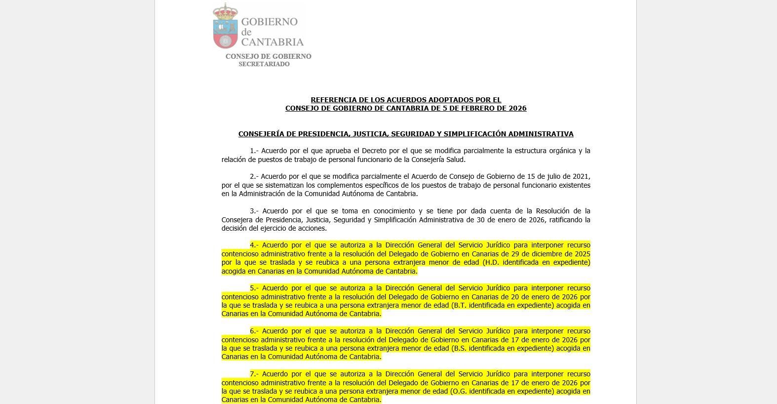 Acuerdos del Consejo de Gobierno de Cantabria del 5 de febrero de 2026.