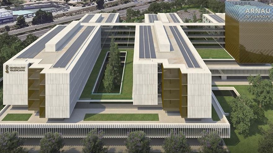Imagen virtual de la vista trasera del nuevo hospital Arnau de Vialanova.