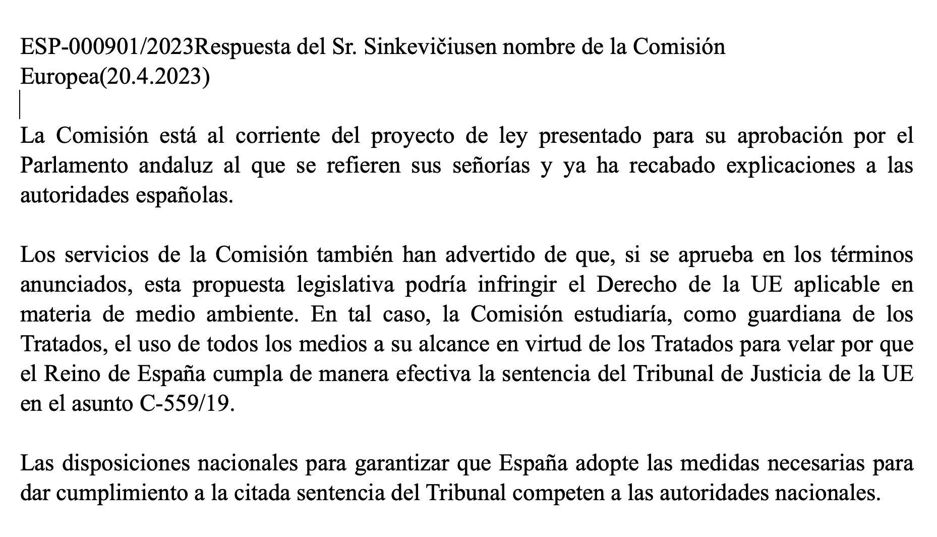 Respuesta del Sr. Sinkevičiusen nombre de la Comisión Europea sobre Doñana.