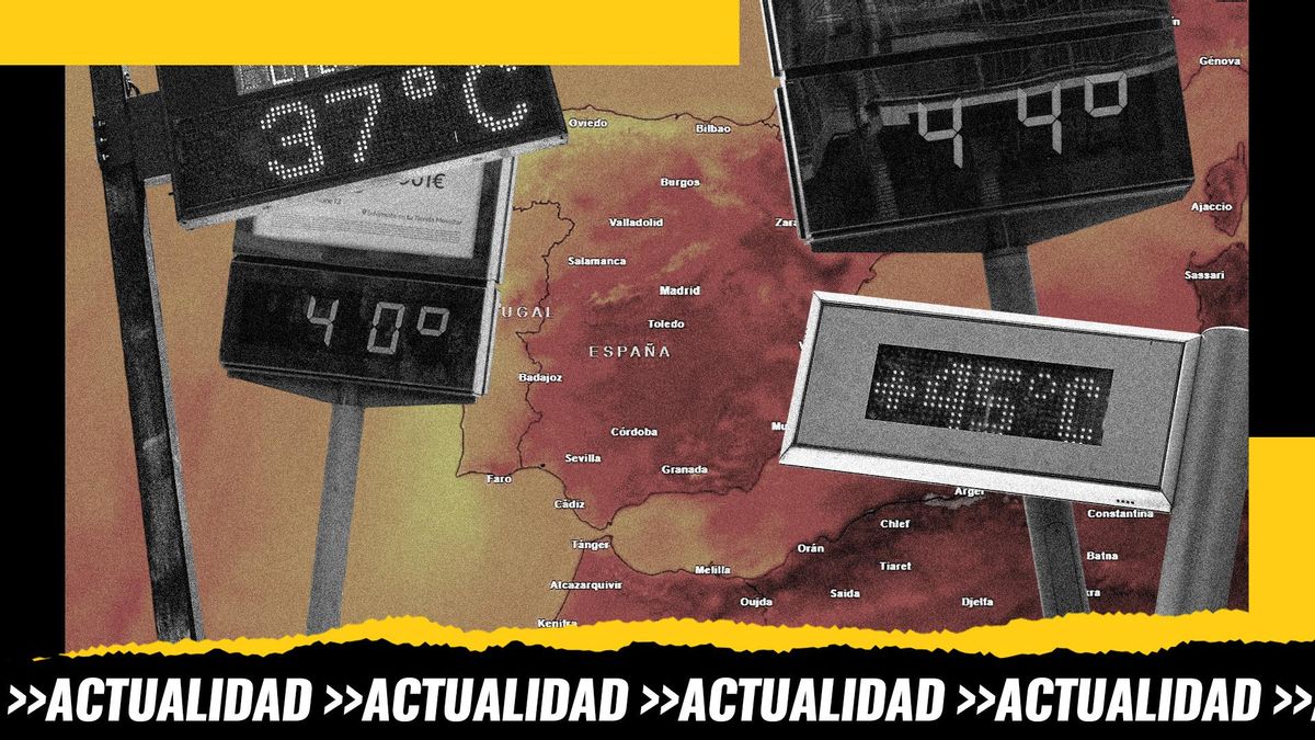 Montaje: varios termómetros que indican altas temperaturas frente a un mapa de previsión meteorológica de la península ibérica