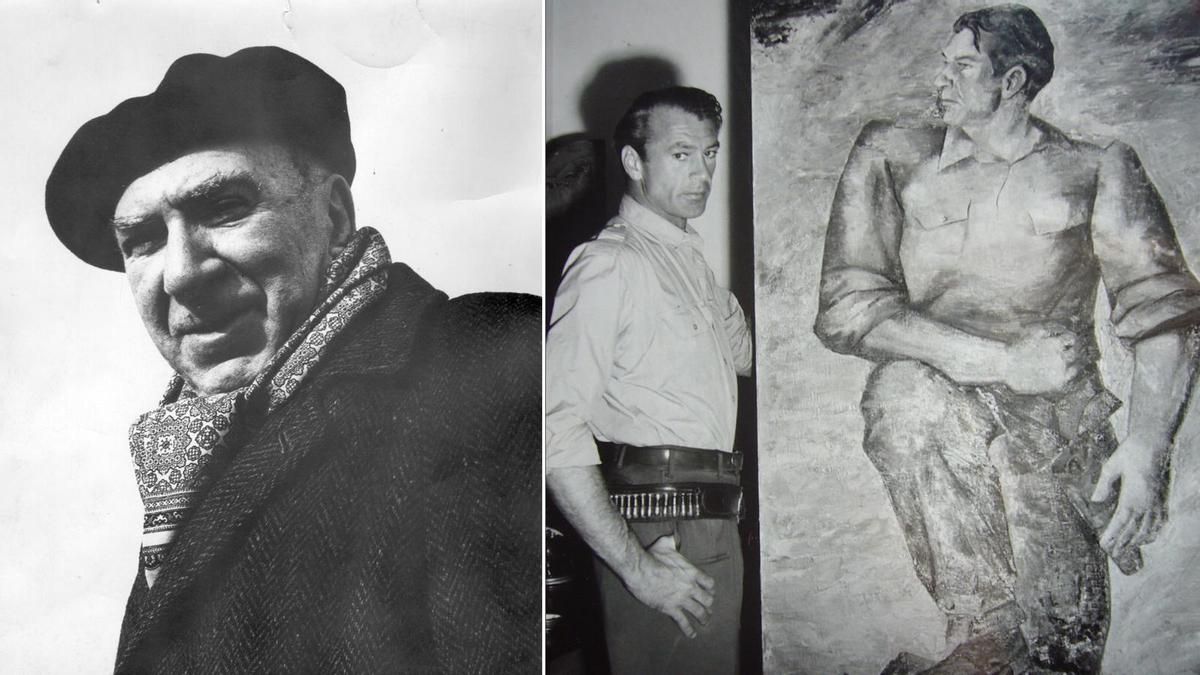 El actor norteamericano Gary Cooper, junto al retrato que le hizo Quintanilla “Los rehenes del Alcázar”-Editorial Renacimiento