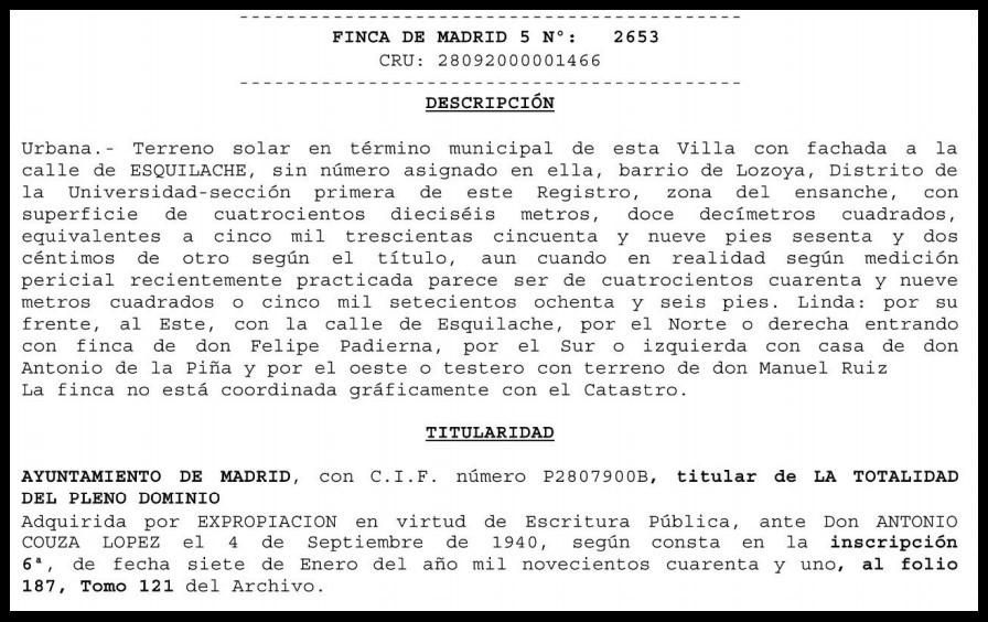 Extracto de la nota simple del Registro de la propiedad en la que se confirma la titularidad del Ayuntamiento de Madrid en la finca 2653