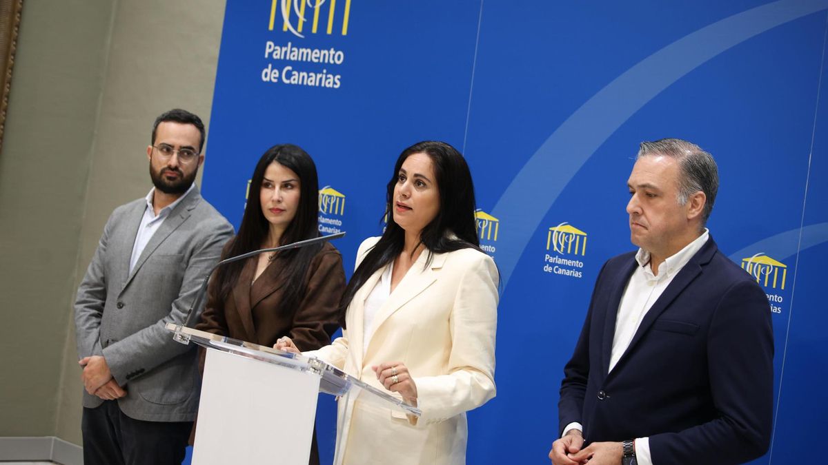 Los diputados de Coalición Canaria Vidina Espino (2d); Agrupación Socialista Gomera Melodie Mendoza (2i); Partido Popula, Carlos Ester (d) y Agrupación Herreña Independiente Raúl Acosta (i). EFE/ Ramón De La Rocha