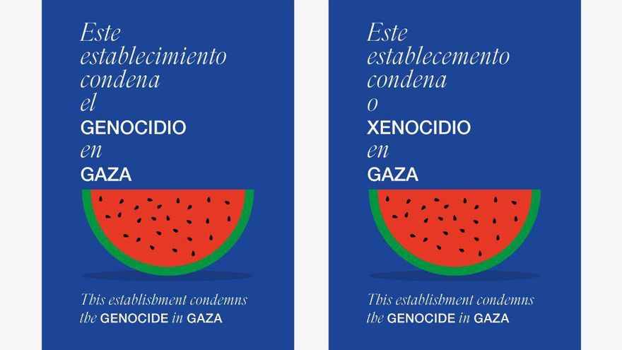 El cartel de Artistas con Palestina, traducido a cuatro lenguas: castellano, gallego, catalán y euskera