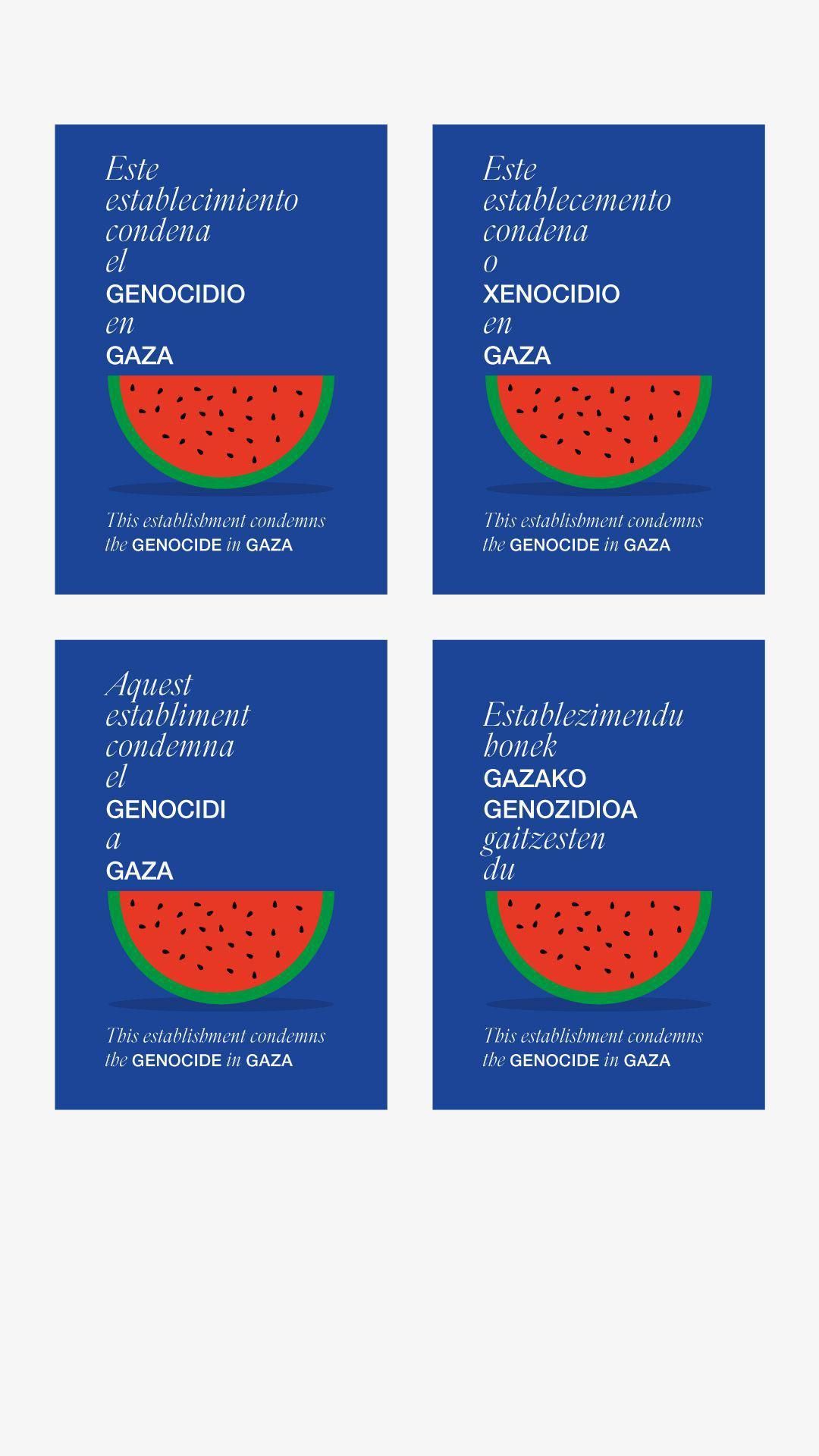 El cartel de Artistas con Palestina, traducido a cuatro lenguas: castellano, gallego, catalán y euskera