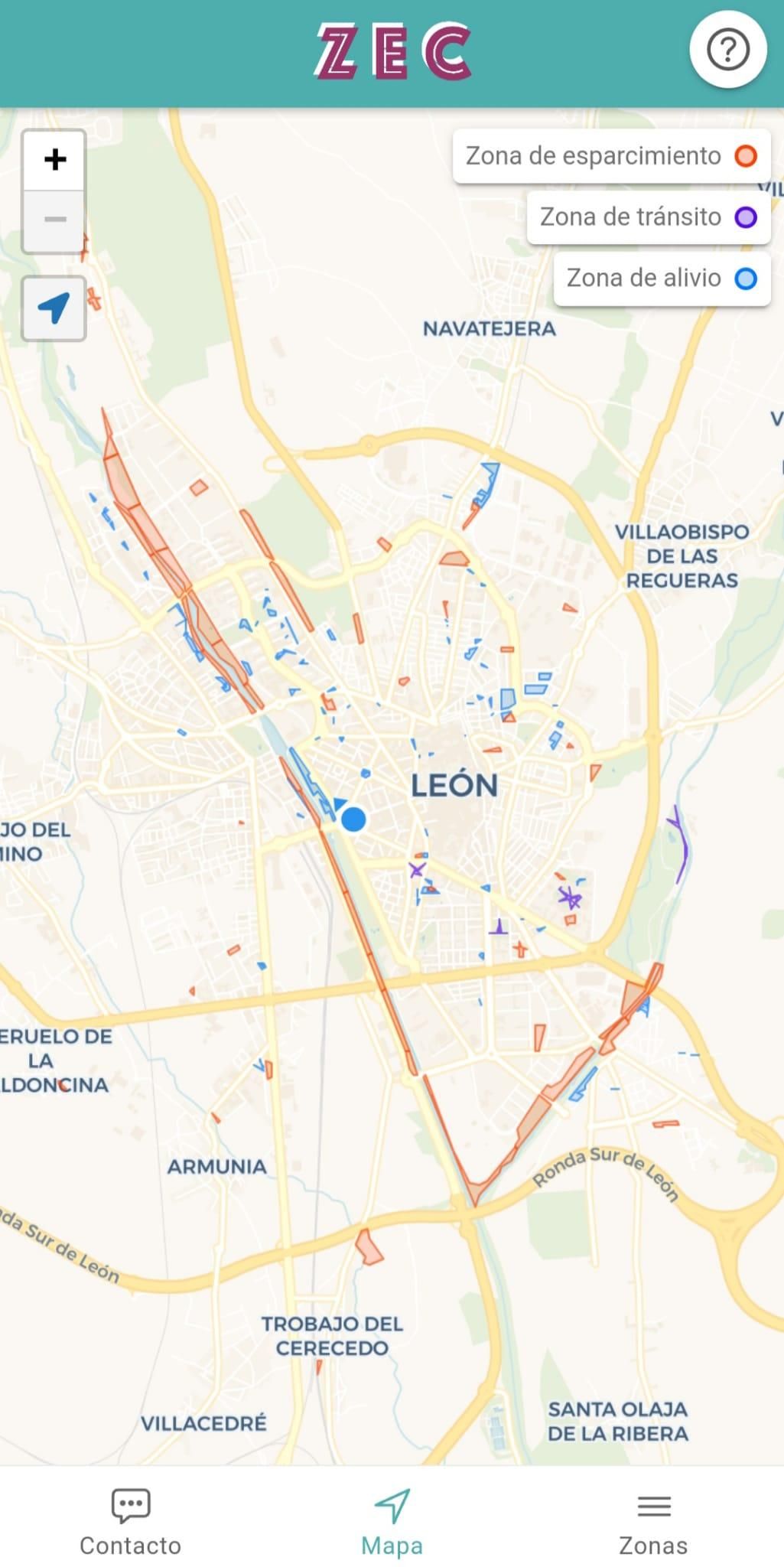 Captura de pantalla del mapa de la app ZEC de León.